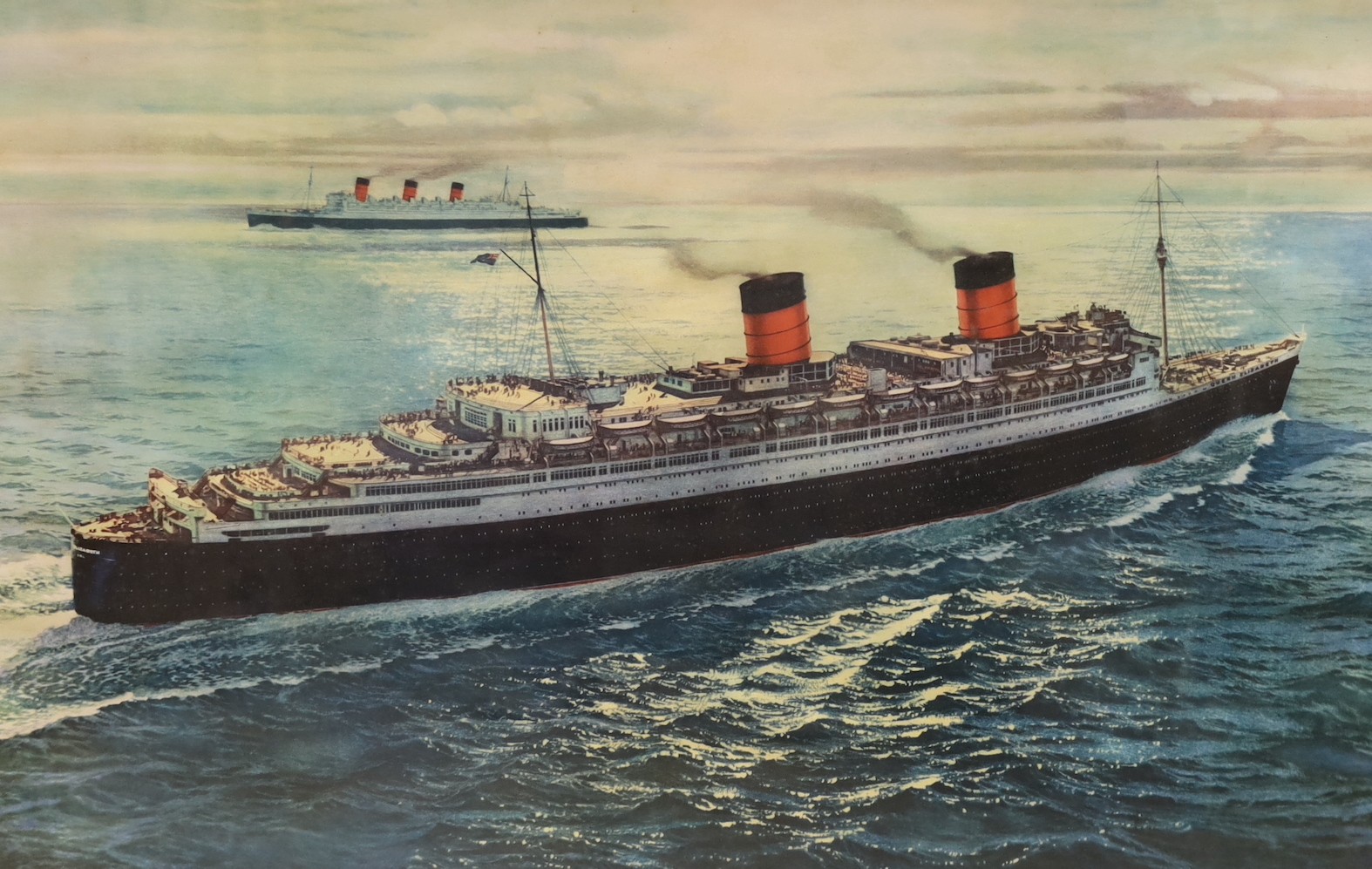 Cunard Line, Queen Elizabeth and Queen Mary print of watercolour by C.C. Evans, 71 x 102cm